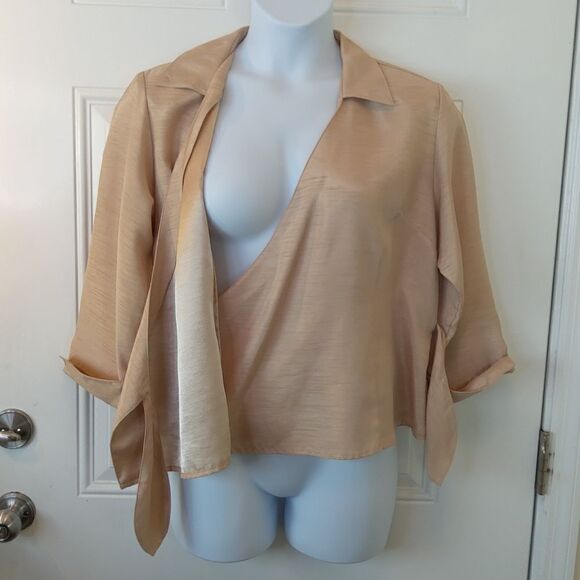 Selene Sport tan 3/4 cuff sleeve wrap front blouse - Picture 7 of 12